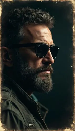 Authentic photos of Delta Force on a black blacground, with exquisite details, mixed textures of black and white. A man with Beard And rayban sunglasses, cinematic style . Showcasing high-end loadout.