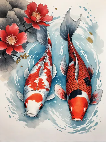 Chinese ink style, painting, two red koi carp, agile form, smooth swimming, like a flying painting, red flowers, detailed, 8K resolution, best quality ,koi fish,koi carp,koi carps,koi,koi pond,two fis