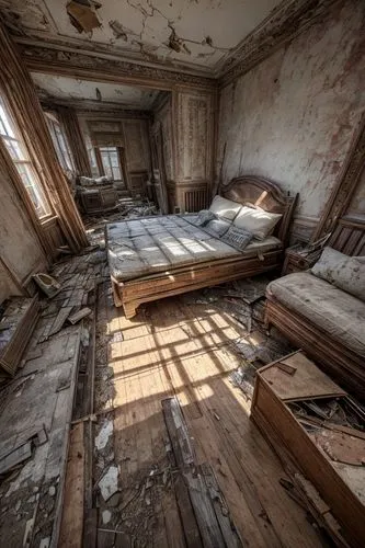 A dimly lit interior decoration site in disarray during construction. abandoned and broken floor, window at the end of view,abandoned room,abandoned house,luxury decay,abandoned place,abandoned places