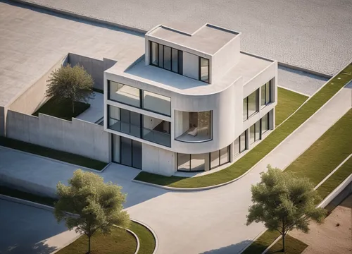 Drone View. A modern-style house with a curved facade, situated on a corner plot.,3d rendering,modern house,modern architecture,render,cubic house,cube house,dunes house,house shape,model house,contem