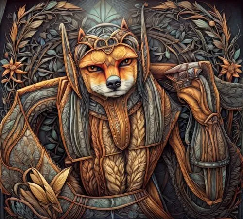 forest king lion,fox,vulpes vulpes,a fox,zodiac sign leo,royal tiger,king of the jungle,orange robes,pagan,fantasy portrait,wild emperor,fox hunting,red fox,the ruler,furta,redfox,shamanic,tapestry,king caudata,ranger