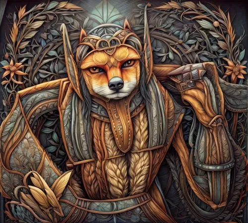 forest king lion,fox,vulpes vulpes,a fox,zodiac sign leo,royal tiger,king of the jungle,orange robes,pagan,fantasy portrait,wild emperor,fox hunting,red fox,the ruler,furta,redfox,shamanic,tapestry,ki