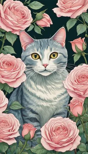 flower cat,rose png,pink cat,flower animal,rose flower illustration,flowers png,Illustration,Retro,Retro 23