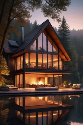 Lake house, modern architecture, wooden structure, large windows, glass doors, sloping roof, luxurious interior, cozy living room, fireplace, beige sofa, wooden coffee table, minimalist decor, calm at