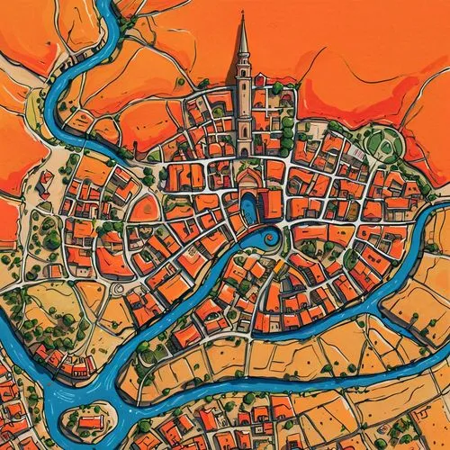 a city map, orange and red roofs, historical, peaceful, with streams, hand drawn, devrim erbil,verona,bordeaux,city map,dresden,toledo,regensburg,delft,dubrovnik city,venetian,venezia,heidelberg,terra