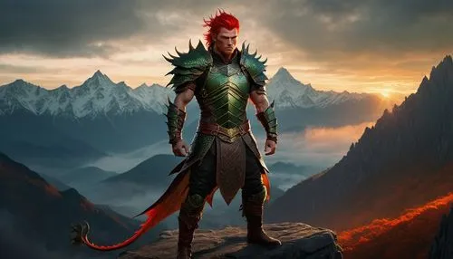 Human-dragon hybrid, half-human half-dragon, muscular male, scales on arms and legs, fiery red hair, sharp facial features, piercing green eyes, golden earring, intricate scale tattoos, worn leather a