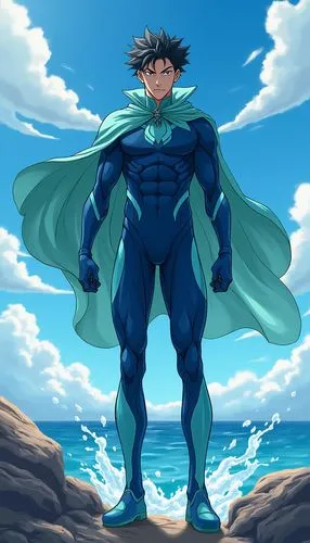 the blue man in blue suits is standing near water,toriko,sea man,jigoro,kurumada,nanto,sea god