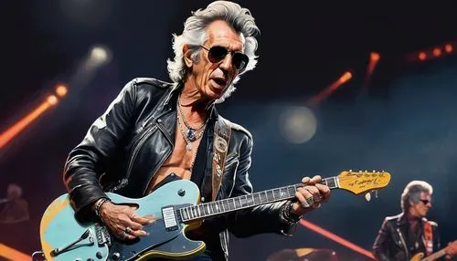 Keith Richards, The Rolling Stones, guitar player, rockstar, 70s style, messy grey hair, iconic glasses, leather jacket, ripped jeans, black boots, silver chain necklace, pendant, holding guitar, play