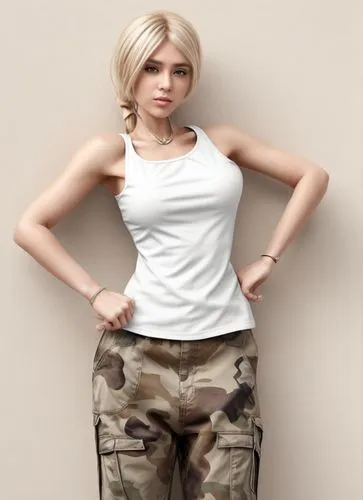 female, neutral expression, low-ponytail blonde, wearing white tank top & camouflage cargo pants.,cargo pants,women clothes,women's clothing,pixie-bob,ladies clothes,camo,ammo,female model,pubg mascot