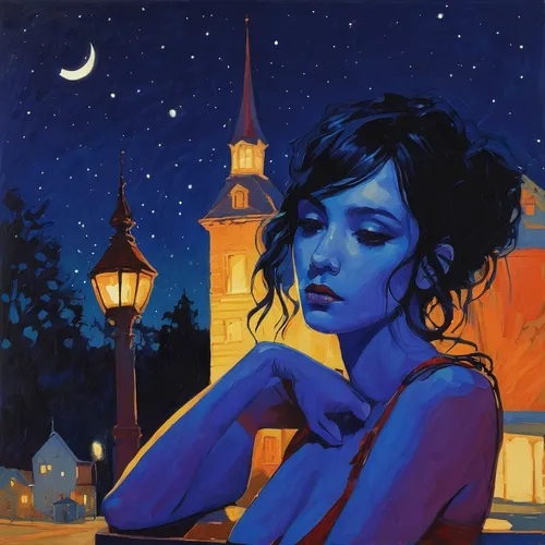 rem in arabian nights,majorelle blue,blue hour,la violetta,night scene,blue painting,blue lamp,midnight blue,moonlit night,jasmine blue,moon phase,blue pillow,night star,night stars,blue moon,the girl in nightie,blue moon rose,blue moment,nocturnes,at night,Illustration,Paper based,Paper Based 19