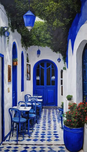 Cafe Des Nattes Sidi Bou Said Oil Painting Unique And Authentic,hellenic,majorelle blue,greece,greek island,greek islands,greek food,blue and white porcelain,skopelos,aegean,hellas,watercolor cafe,cap