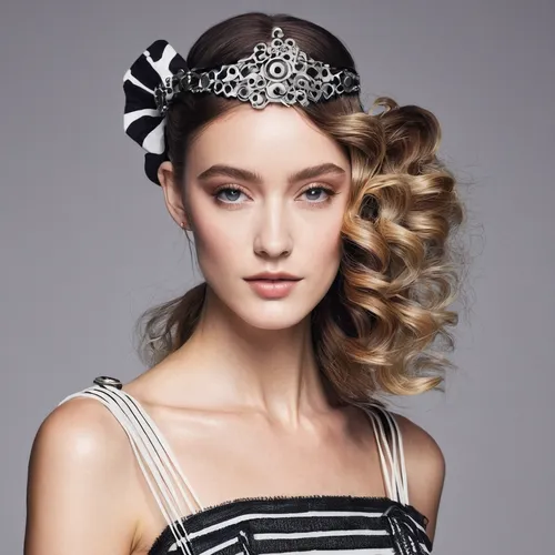 Generate a trendy AI hairstyle for a virtual party,headpiece,hair accessories,headscarf,hair accessory,princess crown,spring crown,curlers,beautiful bonnet,artificial hair integrations,women's accesso