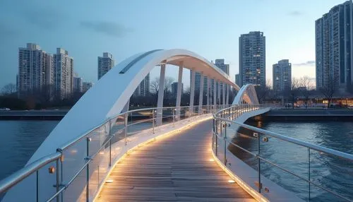 Minimalist pedestrian bridge, modern design, simple steel structure, clean lines, white primary color, accents of wood brown, silver metallic railings, glass floors, subtle LED lighting, gentle curves