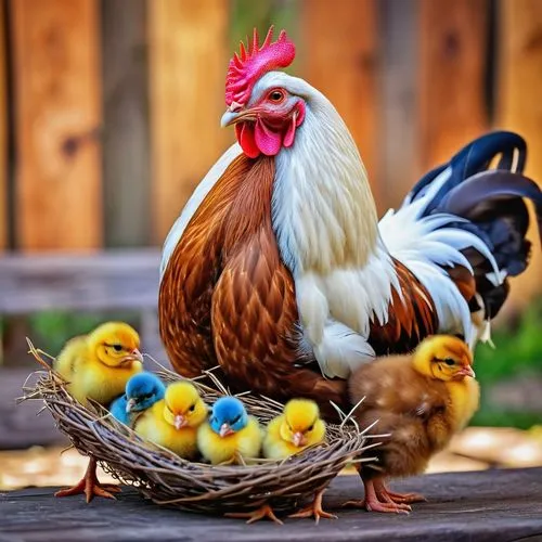 Beautiful hen with colorful feathers with chicks next to her. The background consists of a wooden top and a colorful, blurred background,parents and chicks,dwarf chickens,hen with chicks,backyard chic