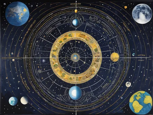 copernican world system,orrery,planetary system,the solar system,solar system,geocentric,planisphere,harmonia macrocosmica,inner planets,celestial bodies,star chart,ophiuchus,planets,astronautics,astrology,orbiting,the universe,zodiacal signs,pioneer 10,astronomy,Illustration,Abstract Fantasy,Abstract Fantasy 03