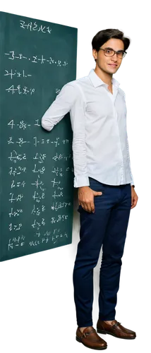 Math teacher, standing, green chalkboard background, complex math equations, white chalk in hand, black hair, glasses, white shirt, dark blue pants, leather belt, brown loafers, confident expression, 