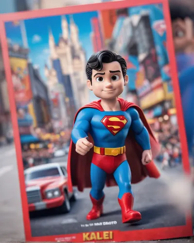 A movie poster by Disney Pixar spotting a cute Superman, the name of this movie is “Kalel” and is spotted at the top of the poster, 3D render,toy photos,collectible action figures,superman,actionfigur