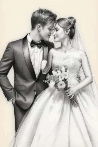 鲜花，婚纱，西服，领结，白色背景,a pencil drawing of a couple wedding posing for a picture,maxon,wedding frame,wedding couple,bridewealth,wedding photo,newlywed