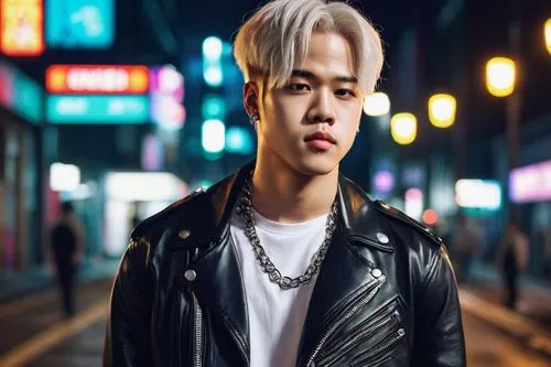 Jimin, BTS, male, 20s, bald head, sharp facial features, strong eyebrows, bright piercing eyes, small nose, full lips, white shirt, black leather jacket, ripped denim jeans, silver chain accessories, 