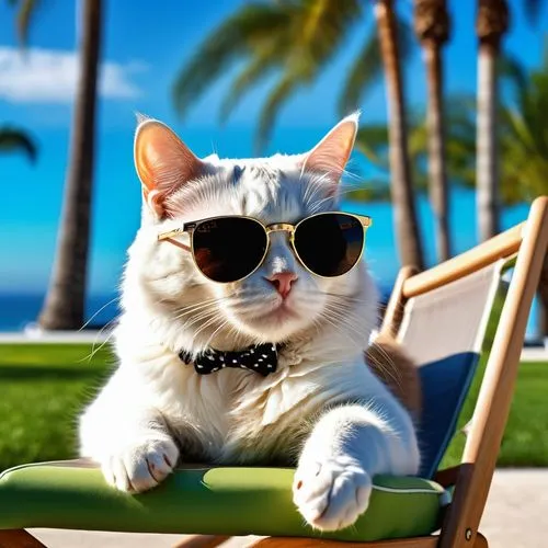 aegean cat,sunlounger,cat european,white cat,funny cat,cat image,devon rex,cute cat,napoleon cat,deckchair,british shorthair,cat on a blue background,sun glasses,cat resting,to sunbathe,ray-ban,sun protection,cat-ketch,cat greece,american shorthair,Photography,General,Realistic