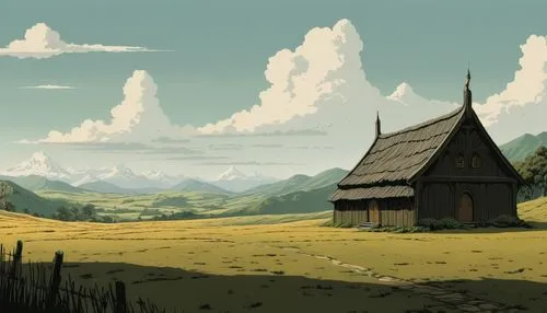 straw hut,plains,prairie,grasslands,alpine pastures,backgrounds,huts,farm hut,wooden hut,steppe,rural landscape,grassland,farmstead,lonely house,home landscape,homestead,barn,rural,kurai steppe,mountain meadow hay,Illustration,Japanese style,Japanese Style 08