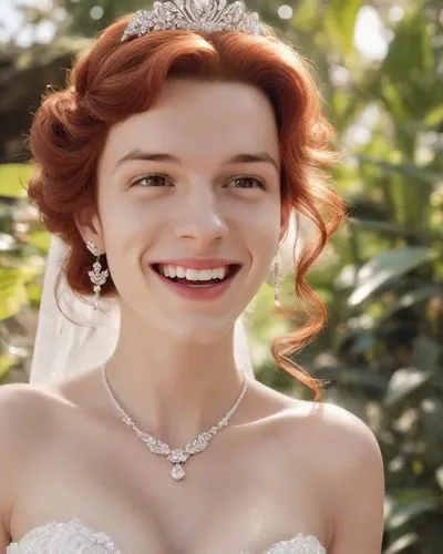 Beautiful redhead busty bride, smiling in a white dress at her luxurious wedding. Outdoor, sunshine, tropical. Photorealistic. complete delicate facial makeup, red lipstick, long wavy hair, diamon tia