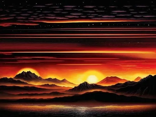 a picture of the sun on a sky is surrounded by mountains,lava,mountain sunrise,fire planet,volcanic,vast,vangelis,Illustration,Realistic Fantasy,Realistic Fantasy 25