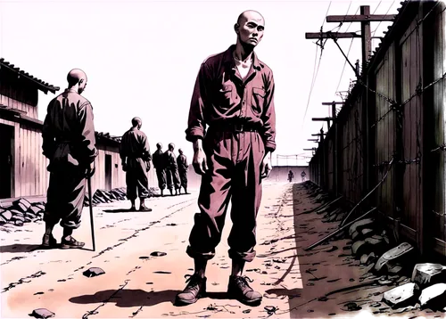 concentration camp,auschwitz 1,auschwitz,comic style,walking man,holocaust,auschwitz i,blind alley,wall,stalingrad,barbwire,forced labour,background image,standing man,cd cover,workhouse,prisoner,color 1,pedestrian,human settlement,Illustration,Paper based,Paper Based 30