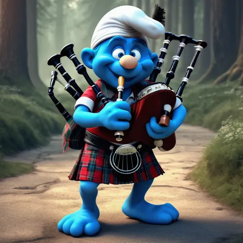 A Smurf in a kilt plays the bagpipes. 3D comic style,bagpipe,bagpipes,scottish smallpipes,scot,scottish,pipe and drums,scottish golf,scotsman,tartarstan,banjo bolt,smurf,clàrsach,smurf figure,tartane,