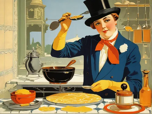 yeast extract,vintage illustration,woman holding pie,cooking oil,cuisine classique,cookery,pouring tea,british tea,cooking book cover,stovepipe hat,crêpe suzette,waiter,mustard oil,advocaat,teatime,men chef,pancake week,earl gray,pectin,cointreau,Illustration,Retro,Retro 15