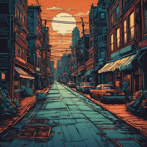 alleyway,alley,retro background,digital illustration,sidewalk,street canyon,rust-orange,neighborhood,retro styled,the street,streets,dusk,vector illustration,tokyo city,vintage wallpaper,boulevard,cityscape,orange sky,game illustration,pixel art,Illustration,Realistic Fantasy,Realistic Fantasy 25