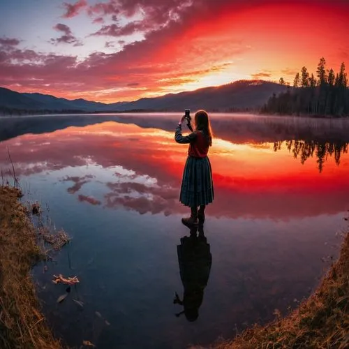 red sky,incredible sunset over the lake,landscape red,mirror in the meadow,reflexed,beautiful lake,Conceptual Art,Daily,Daily 09