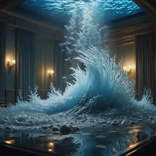 the epic shot of a terrifying and expansive ocean maelstrom and tsunami inside a crystal fish tank, sparks, glitter, cinematic, deep depth of field, 3D, dark apocaliptic, 16k resolution photorealistic