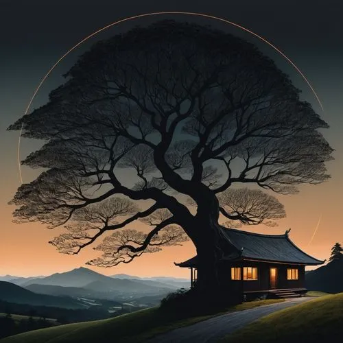 house silhouette,the japanese tree,lone tree,tree silhouette,old tree silhouette,isolated tree,Photography,Documentary Photography,Documentary Photography 04