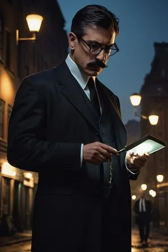 Middle-aged inspector, detective style, formal wear, black suit, white shirt, black tie, serious expression, sharp eyes, glasses with rectangular frames, short brown hair, mustache, standing, holding 