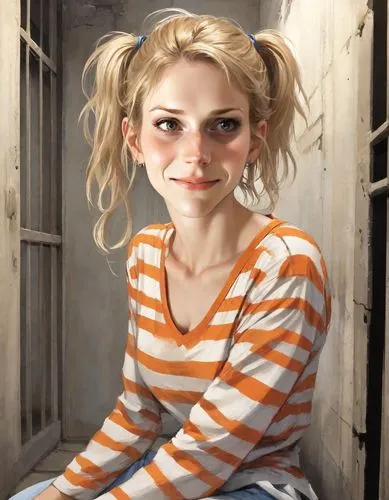 clementine,eleven,harley quinn,girl portrait,a girl's smile,portrait of a girl,milkmaid,blonde woman,blond girl,blonde girl,the girl in nightie,mime,portrait background,artist portrait,girl in a historic way,the girl's face,rockabella,romantic portrait,girl in a long,horizontal stripes,Digital Art,Comic