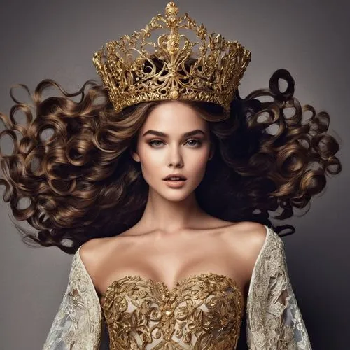 Uma jovem mulher com cabelos castanhos longos e ondulados com uma coroa de ouro pequena e delicada ,gold crown,golden crown,crowned,demarchelier,imperial crown,princess crown,gold foil crown,vinoodh,t