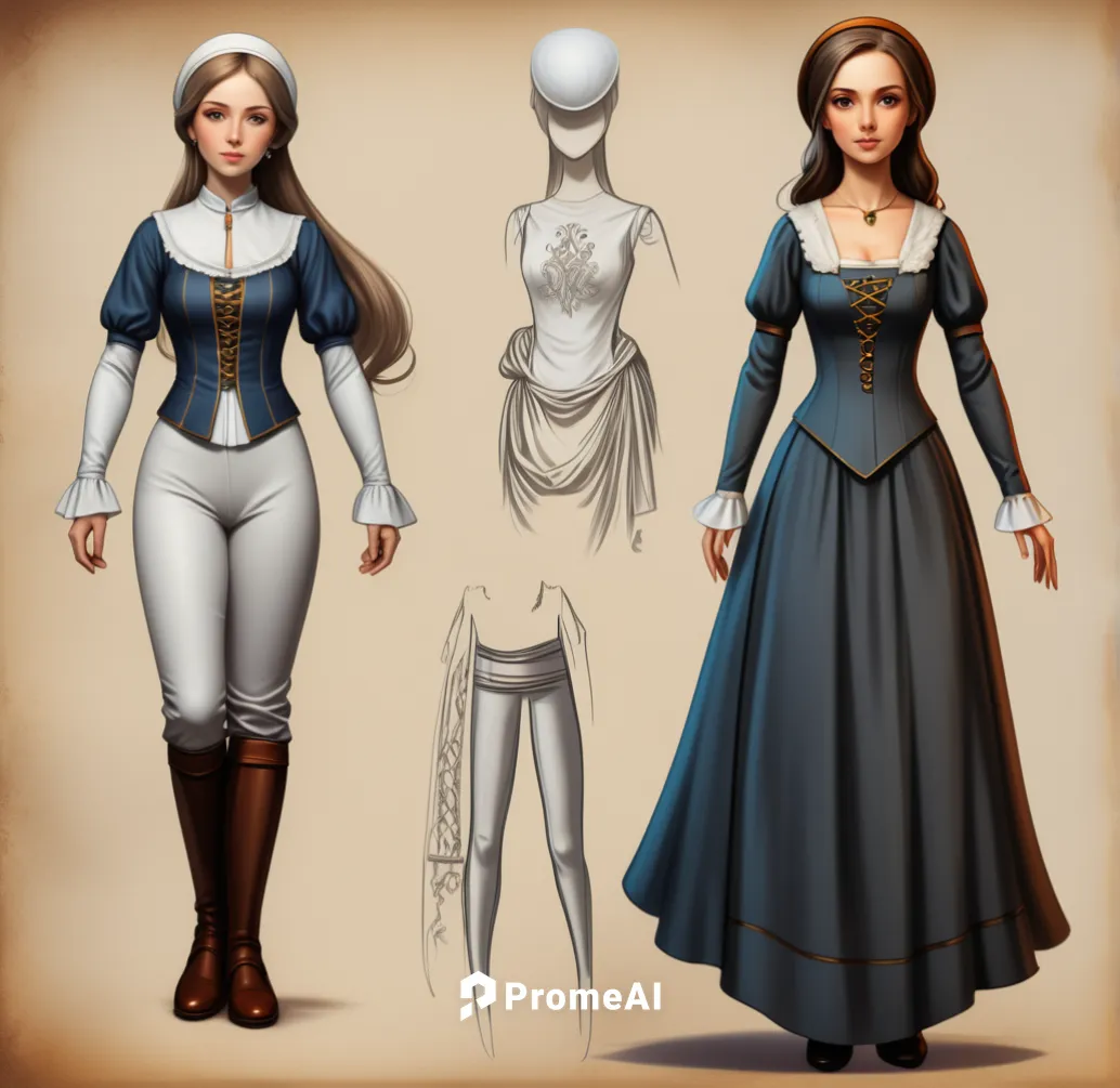 Paper doll medieval noble women in white blouse and black medieval tight hose legging with brown boot standing with a set of elegant colorful medieval noble dress on 4 color full color full hd,women's