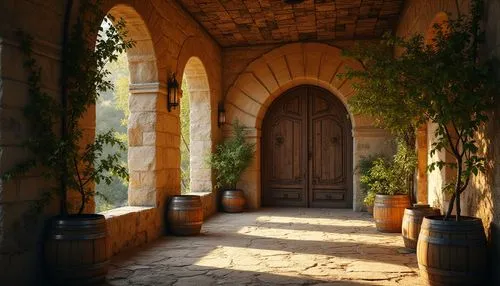 Rustic archways, ancient stone walls, Romanesque columns, curved barrel vaults, earthy tones, warm golden lighting, lush green vines, old oak barrels, wine cellar atmosphere, dimly lit corridors, orna