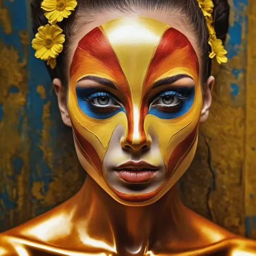 golden mask,gold mask,bodypainting,body painting,gold paint stroke,bodypaint,gold paint strokes,face paint,gold foil art,yellow-gold,neon body painting,gold lacquer,gold leaf,woman face,gold flower,body art,yellow skin,foil and gold,face painting,gold foil mermaid