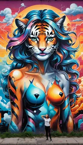 ((mefisto num lindo lugar numa pose sensual, pintada num mural de um prédio)). Sunset and lightning with lots of tigers.This transformation is captured in high-definition. Surrounding iridescent bodie