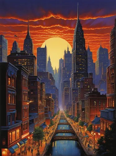 fantasy city,evening city,city in flames,cityscape,city scape,manhattan,city skyline,futuristic landscape,sky city,city cities,city at night,the city,new york,big city,new york skyline,metropolis,skyline,black city,colorful city,city,Illustration,American Style,American Style 07