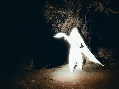 An eerie night scene where a figure in a glowing white, flowing outfit stands under a sprawling, barren tree. The figure, with an arm outstretched, appears almost ghostly due to the stark, overexposed