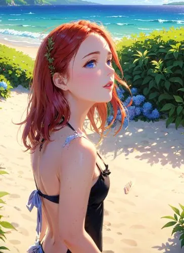  a portrait half body of a caucasian girl, aged between 23 years, red hair, blue eyes, red lips, stand tall on the sandy shore of a tropical beach. She's wearing a  black bikini . The beach is filled 