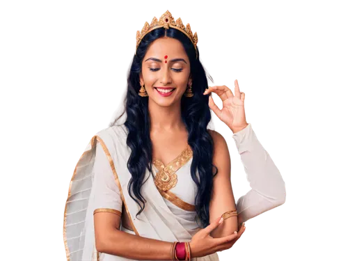 Hindu goddess Shiva, Indian beauty, golden jewelry, red bindi, elaborate headdress, flowing white saree, intricate henna hands, detailed facial features, serene expression, gentle smile, ambient light