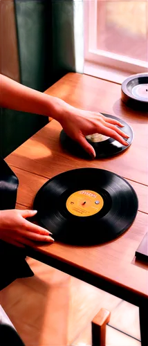 Vinyl record, gentle hands holding, soft focus, morning sunlight, wooden table, minimalistic background, calm atmosphere, warm lighting, shallow depth of field, 3/4 composition, close-up shot, vintage