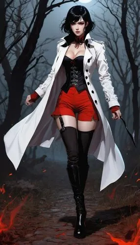 vampire woman,vampire lady,red riding hood,little red riding hood,queen of hearts,red coat,gothic woman,lady medic,cruella,cosplay image,gothic fashion,cruella de ville,scarlet witch,red tunic,female nurse,psychic vampire,sorceress,harley quinn,vampire,goth woman,Illustration,Realistic Fantasy,Realistic Fantasy 04