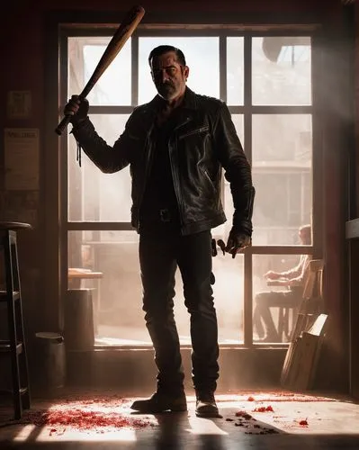 Negan holding a Baseball Bat standing in the corner of cafe with minimal lighting, only light coming in from the window, dust flying around, dramatic lighting, surrounded by zombies,tyreese,hershel,pe