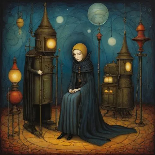 gothic portrait,candlemaker,gaslight,blue lamp,prioress,miniaturist,candlemas,priestesses,lamplight,isolde,lamplighter,clockmaker,isoline,lacrimosa,dollmaker,conjurer,behenna,eckmann,monjas,innkeeper,Illustration,Abstract Fantasy,Abstract Fantasy 09