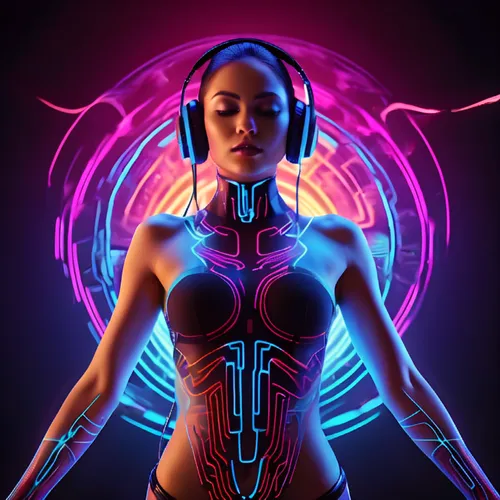 neon body painting,electro,cyborg,cyberpunk,futuristic,vector girl,echo,music background,vector art,cybernetics,music player,aura,electronic music,neon light,vector graphic,vector illustration,sci fic